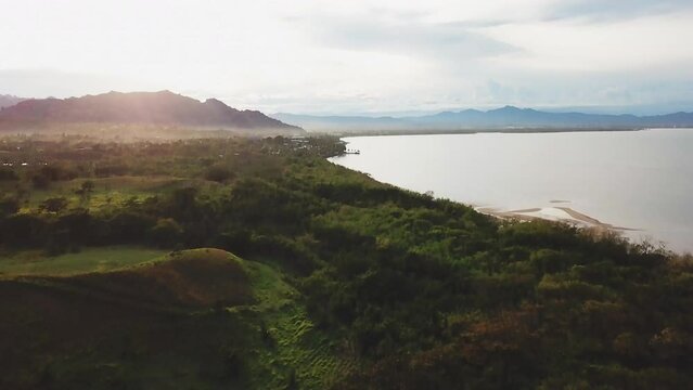 Nadi Fiji Bula holiday vacation island paradise aerial drone cinematic sunrise morning beautiful peaceful relaxing honeymoon adventure resort lagoon mountain beach jungle forward pan reveal movement