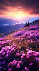 Imagine a breathtaking surreal landscape, where vibrant and whimsical flowers bloom abundantly, creating a captivating and dreamlike scene.