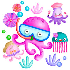 Various marine life sed food marine mammal squid fish marine products