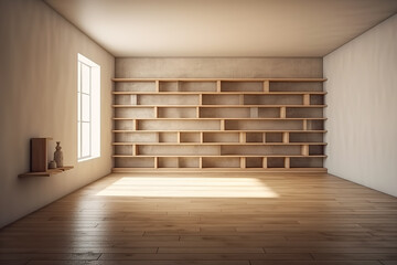 Empty room in warm color, hardwood floor, wooden shelves and lit with natural light. Minimalist interior decoration concept. Generative AI