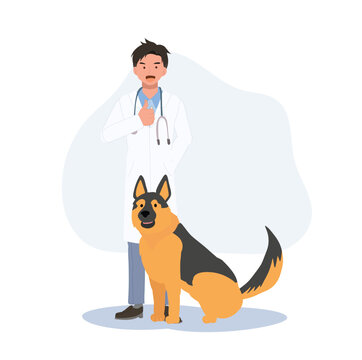 Full length of male Veterinarian with dogs. Profession veterinarian showing thumb up as good service. man vet with dogs. Flat vector cartoon illustration
