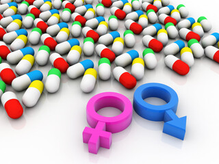 Gender symbols of man and woman on pills, 3D rendering