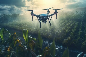 Naklejka premium Agricultural drone flying water spray fertilizer on sweetcorn fields. Aerial view of drone. Generative AI