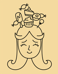 Woman portrait with thoughts about sweets. Female head in doodle style.