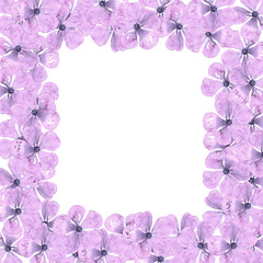 Fototapeta na wymiar Purple abstract cherry blossom frame boarder. Hand drawn watercolor isolated on white background. Can be used for cards, patterns, label.