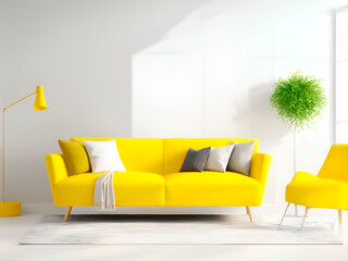yellow sofa and white wall in modern living room.scandinavian style. 3d rendering