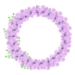 Purple abstract cherry blossom wreath. Hand drawn watercolor isolated on white background. Can be used for cards, patterns, label.