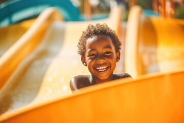 Happy African American boy enjoys summer in waterpark. Generative AI, Generative AI