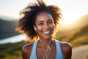 African American woman exercises outdoors with earphones.Generative AI, Generative AI