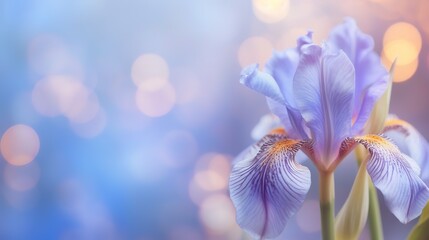 blooming iris flower on blurry blue background with copy space
