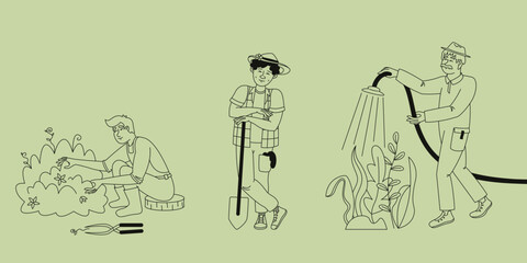 Set of different men growing plants. Male persons in outline style.