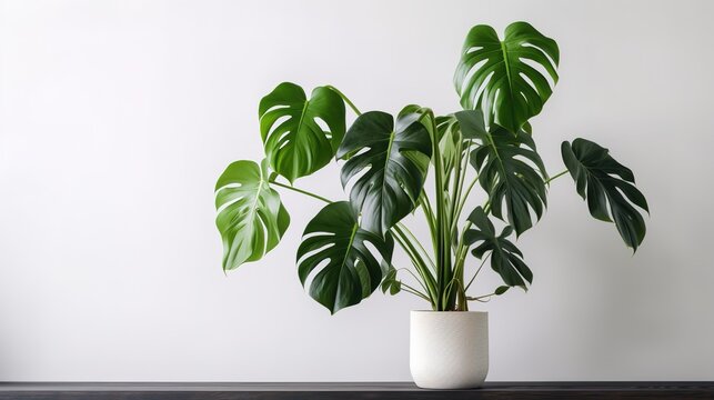 monstera houseplant in pot on wooden table