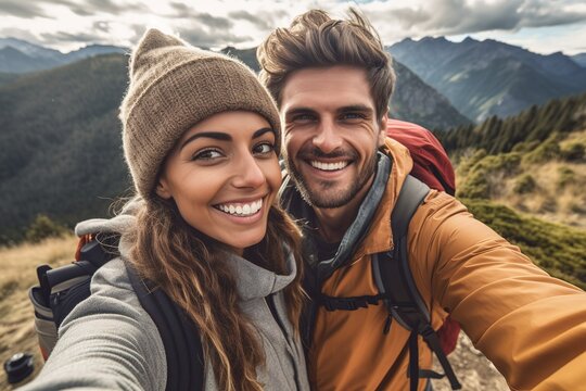 Selfie of happy young couple hiking in the mountain. Generative AI, Generative AI