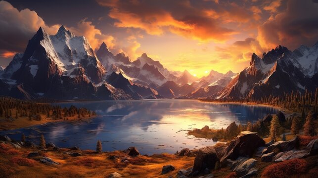 mountain scenery and sunset