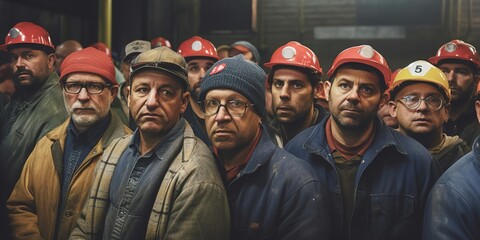 Diverse group of male workers in old factory. Generative AI, Generative AI