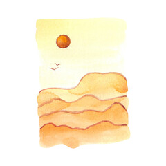Hand drawn watercolor desert landscape. Isolated on white background. Can be used for cards, print, label.