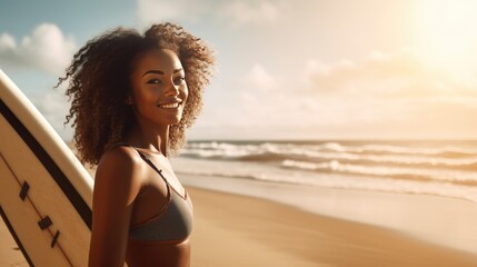 Beautiful black woman with surfboard on a beach at sunrise generative ai