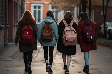 Back view of three girls with backpacks walking on the street. A group of high school kids with school bags on their backs, walking together down the hallway, AI Generated