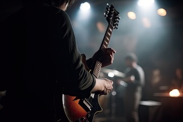 Guitarist playing on the electric guitar during a concert in a nightclub, A guitarist full rear view playing the guitar, AI Generated