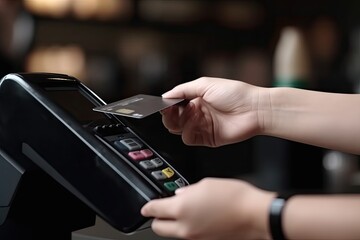 Closeup of woman's hands using credit card reader machine in cafe, A customer gives a credit card to complete a transaction at a service counter, AI Generated