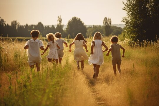 Group of happy children running in the field at sunset. Back view. A group of happy children full rear view running a grass field, AI Generated