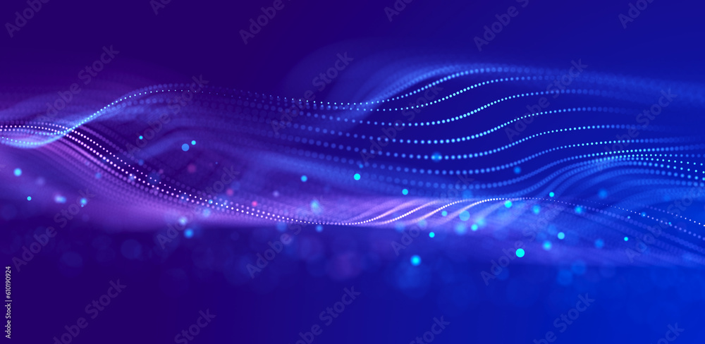 Aufkleber Big data visualization. The musical stream of sounds. Abstract background with interweaving of dots . 3D rendering.