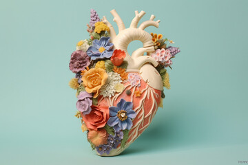 model of human heart with flowers growing out of it heart health concept on the blue background created with AI generative tools