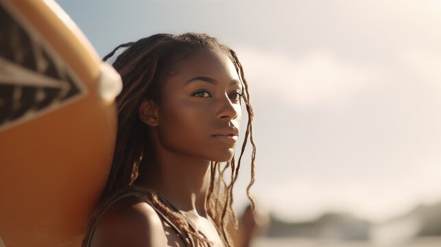 Beautiful black woman with surfboard on a beach at sunrise generative ai