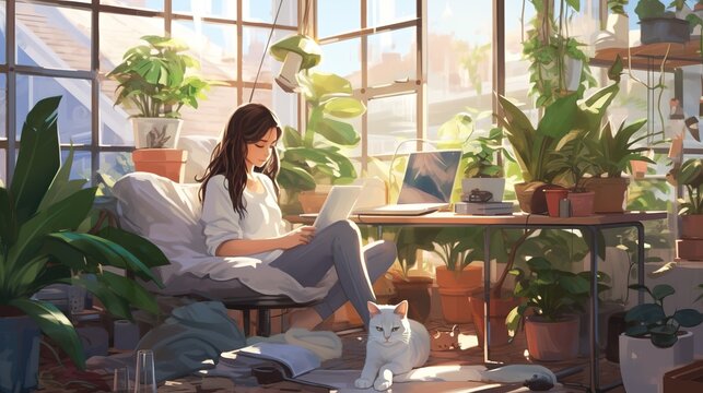 Illustration of girl working from home with her cat. Generative AI, Generative AI