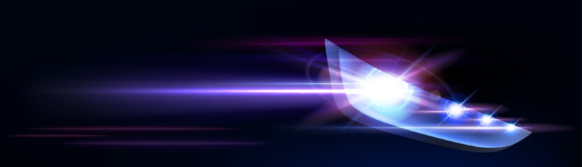Realistic led car headlight flare vector effect. Single front light glow in dark night banner with space. Abstract digital 3d neon shiny headlamp lense ray horizontal illustration design with blink. © klyaksun