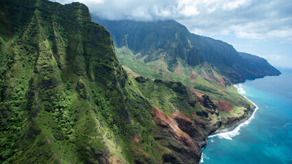 Naklejka na ściany i meble Aerial View of Napali Coastline in Kauai Hawaii
