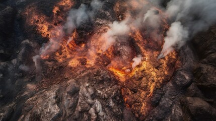 An airborne drone snapshot of a live volcanic crater amidst a eruption, displaying the turbulent, bursting molten lava and boulders. This picture would seize the powerful might of the planet's core.