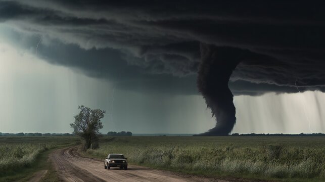 Seizing the Moment: A Majestic Tornado Sweeping Over the Terrain. AI - Generative.