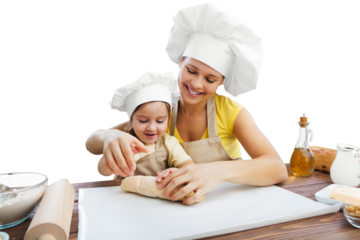 Happy loving family prepares bakery together.