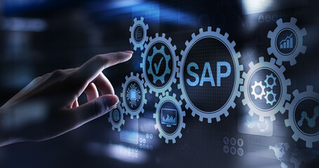 SAP - Business process automation software. ERP enterprise resources planning system concept on virtual screen.