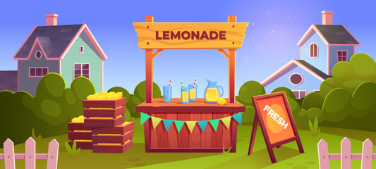 Lemonade stand vector shop with lemon fruit sale. Market wood stall for sell juice drink from jar in backyard garden with table. Local child entrepreneur fresh cocktail business in summer village.