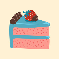 Piece of cake with strawberry. Illustration of a cake with strawberry and blue cream. Design element for greeting card, invitation, print, sticker. Illustration for birthday and valentine's day.