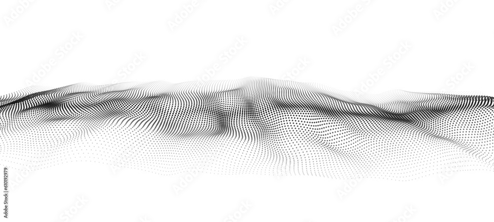 Poster Wave of moving particles on a white background. Big data transfer.Abstract vector 3d illustrations.