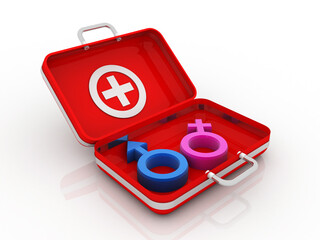 3D rendering Gender symbols of man and woman in  first aid box
