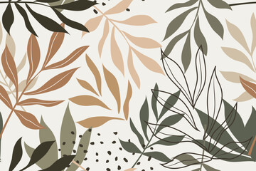 Modern tropical leaves in pastel colors and plants on a horizontal white background create a seamless pattern. Vector.
