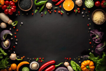 Fresh delicious ingredients of organic food for healthy cooking , Fresh farmer vegetables on a black chalkboard background , Created with generative AI