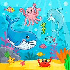 Obraz premium Cartoon sea animals set. Cute ocean fishes, octopus, shark, dolphin, crab and whale. underwater animals on colorful background. 