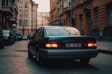 Fototapeta premium Sedans drive on streets in the middle of the city. rear view 