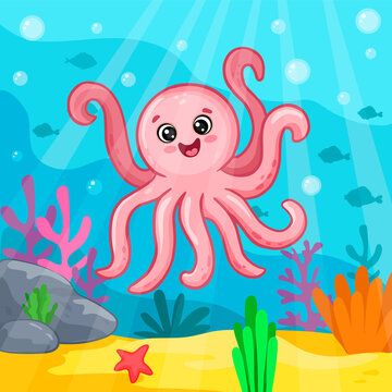 Cartoon pink octopus on colorful background. Underwater life of the ocean. Colored Illustration. 