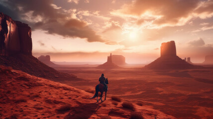 Fototapeta na wymiar cowboy on horseback in Monument Valley. Generative AI