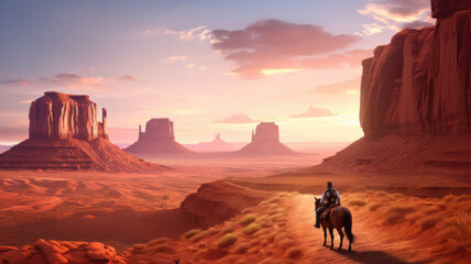 cowboy on horseback in Monument Valley. Generative AI