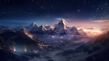 Naklejka na ściany i meble night Everest Tibetan temples. Generative AI
