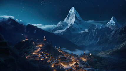 Fototapeta na wymiar night Everest Tibetan temples. Generative AI