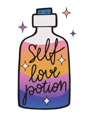 Hand drawn colorful rainbow self love potion with contour design, isolated vector illustration