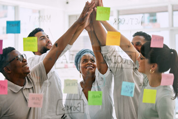 High five, business people and sticky notes for success, teamwork and collaboration goals, winning...